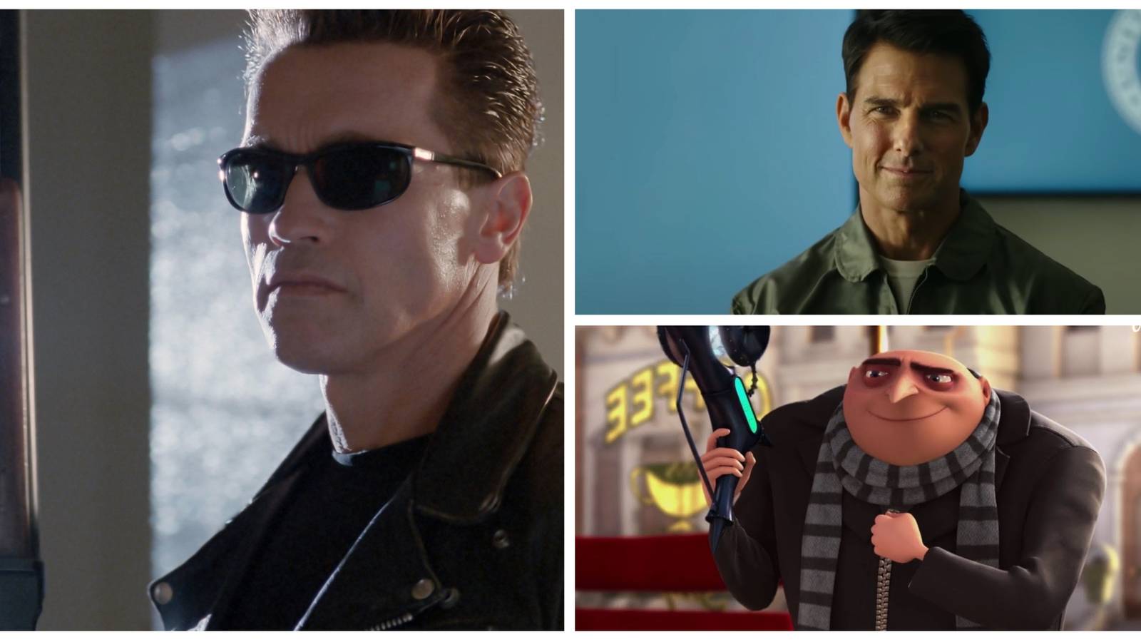 the terminator, top gun maverick, and gru in a photo collage