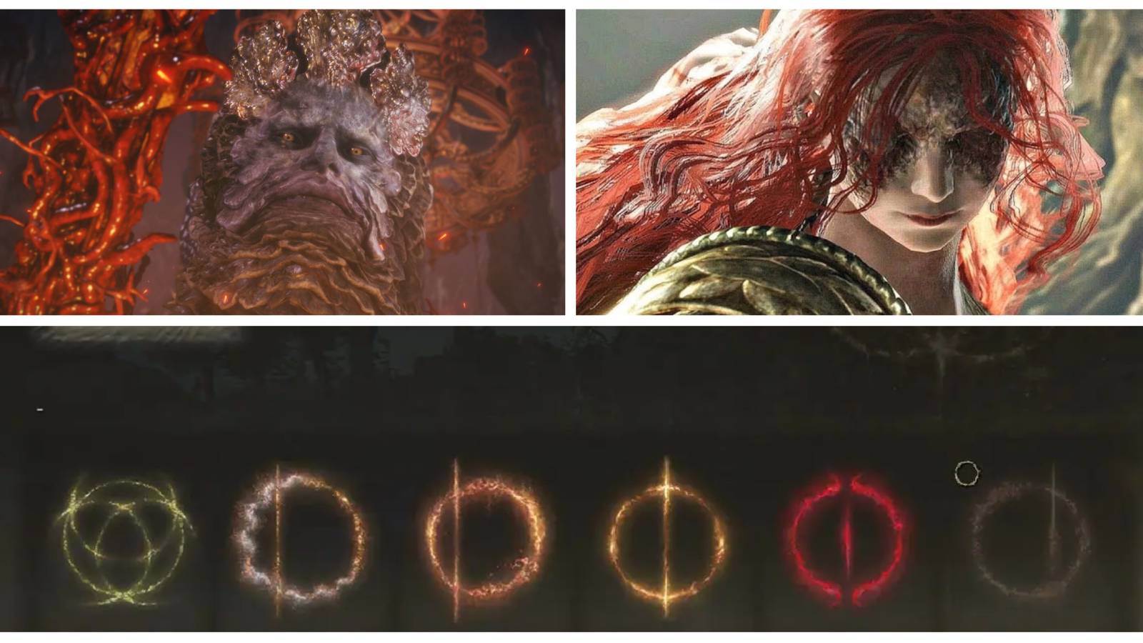 rykard, malenia and the great runes from elden ring in a photo collage