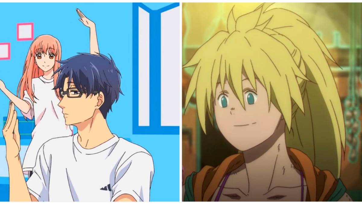 on the left is two of the main characters doing the dance from the OP and on the right is nikaido from dorohedoro