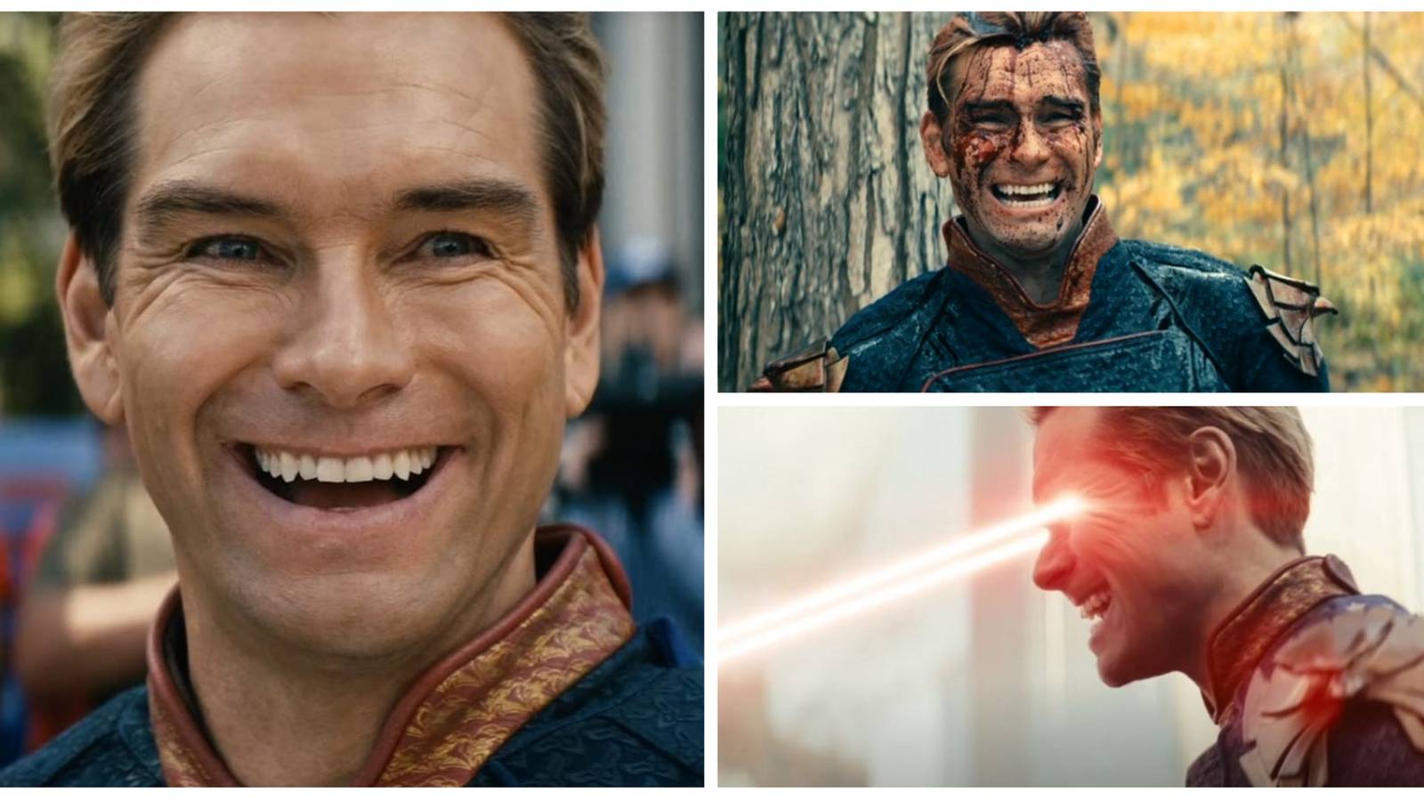 three pictures of homelander from the boys in a photo collage