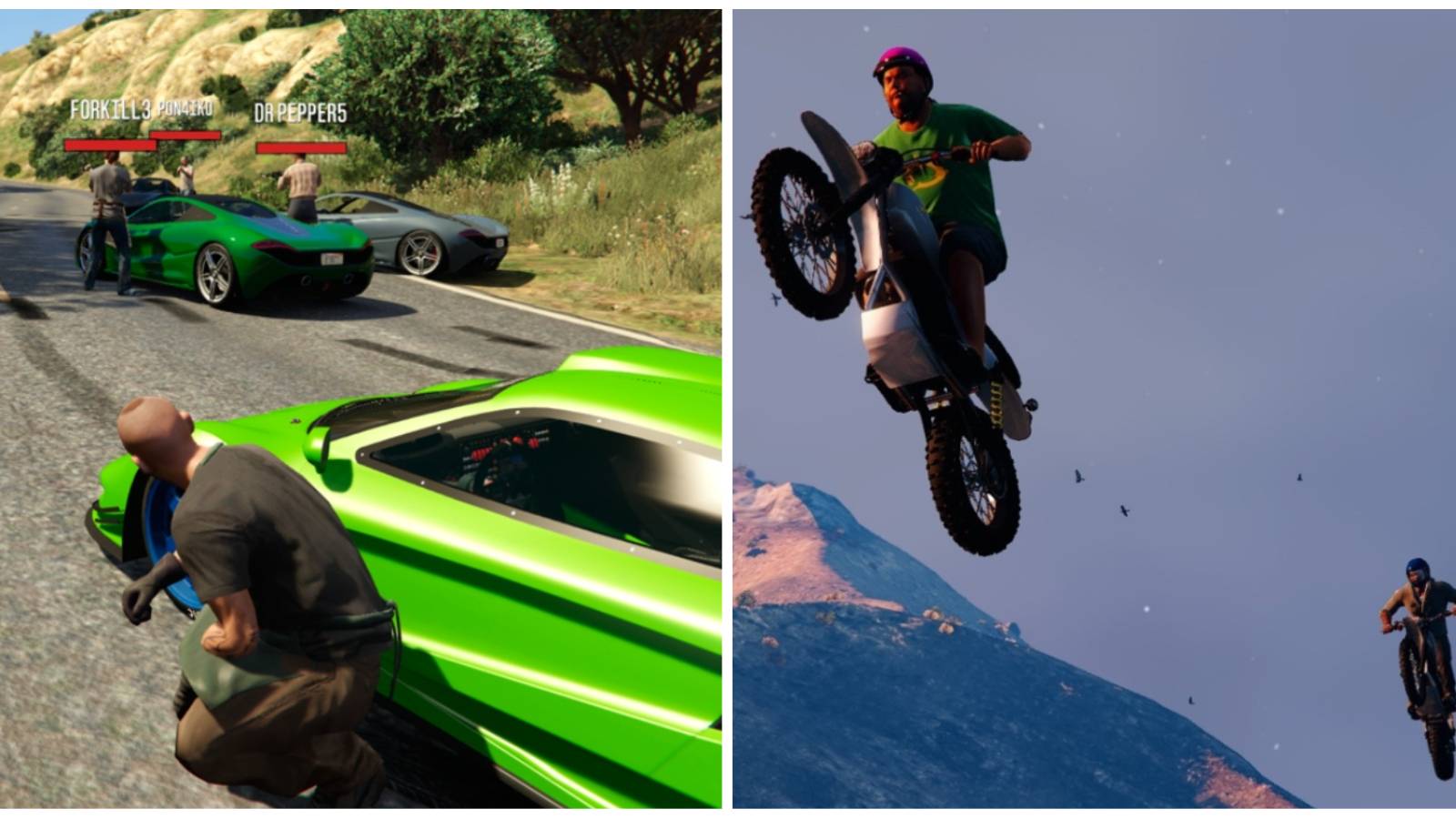 (Left) Character hiding behind car (RIght) Bikes in the air
