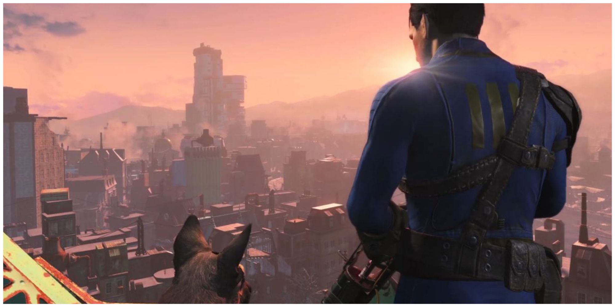 Sole Survivor looking over city with Dogmeat.