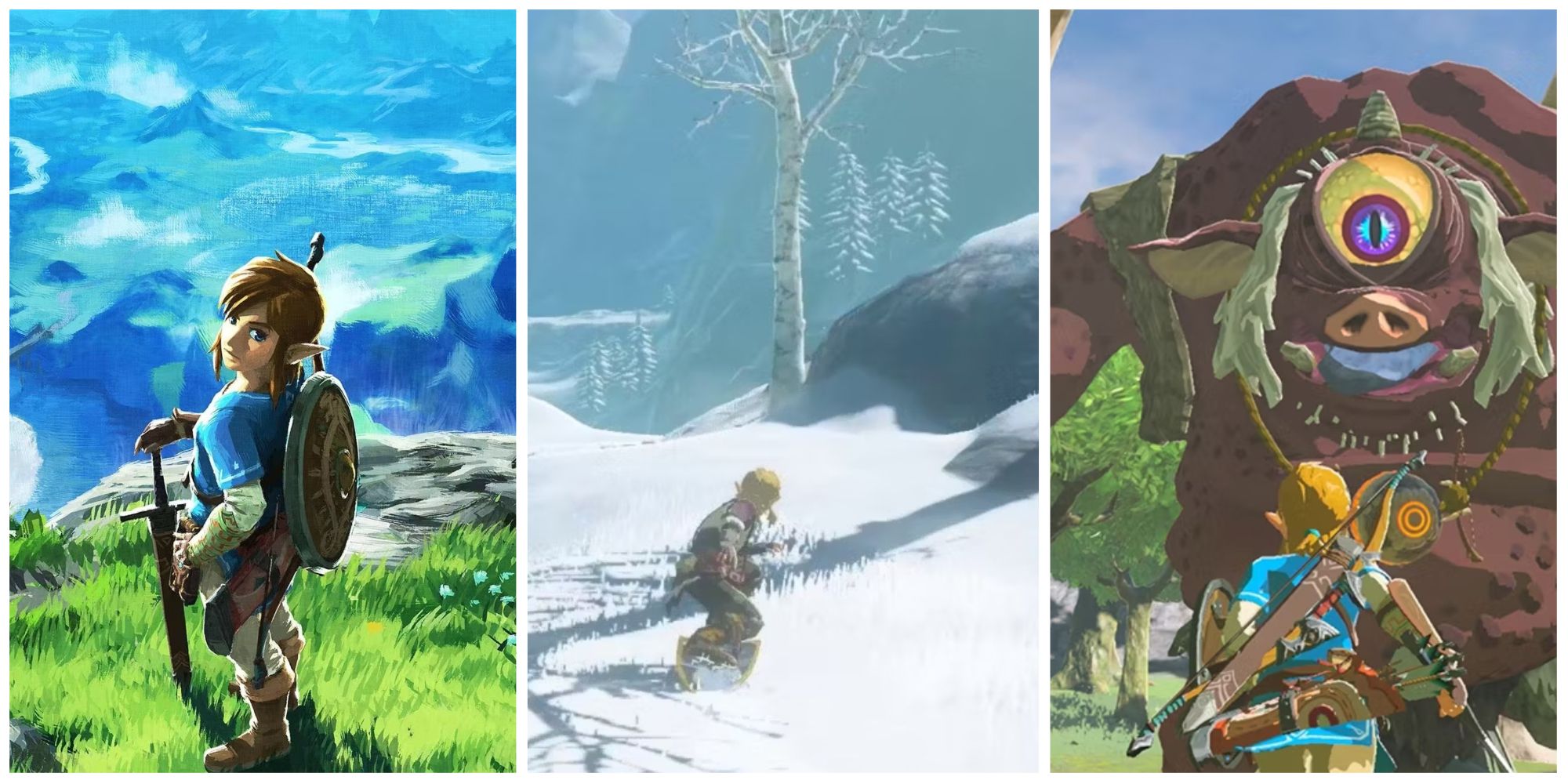 Left: Link standing on the Great Plateau. Middle: Link shield surfing down a snowy hill. Right. Link, with his back to the camera, looks up at a Hinox.