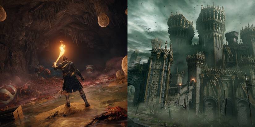 Split image of ant cave and castle.