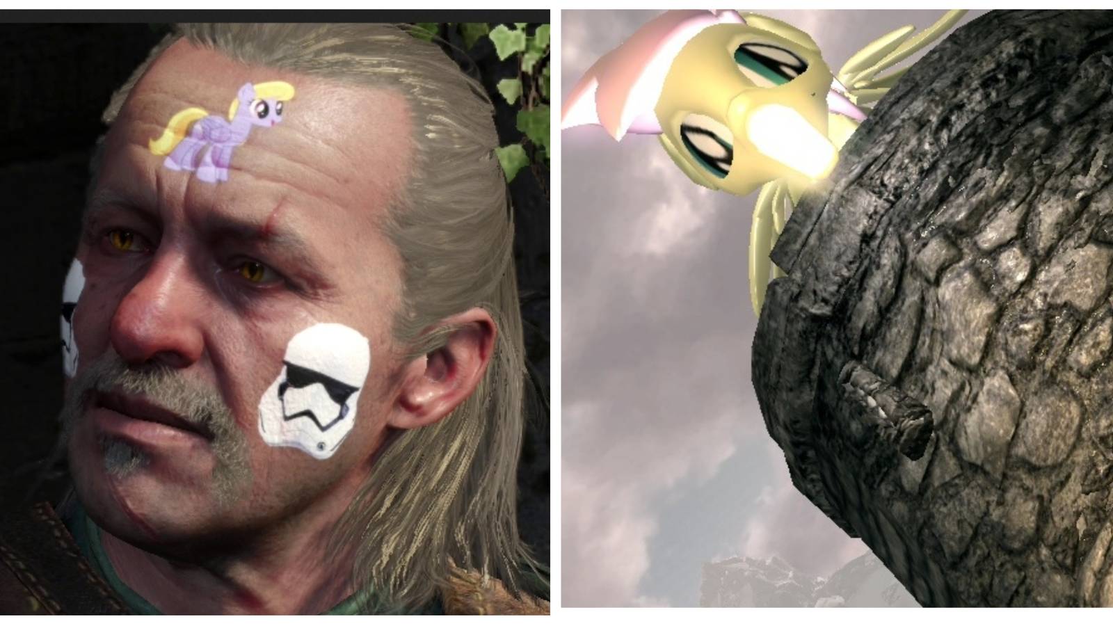 Left: Vessemir with Storm Troopers and a Pony on his face. Right: A giant pony on a tower. Image source: Nexus Mods