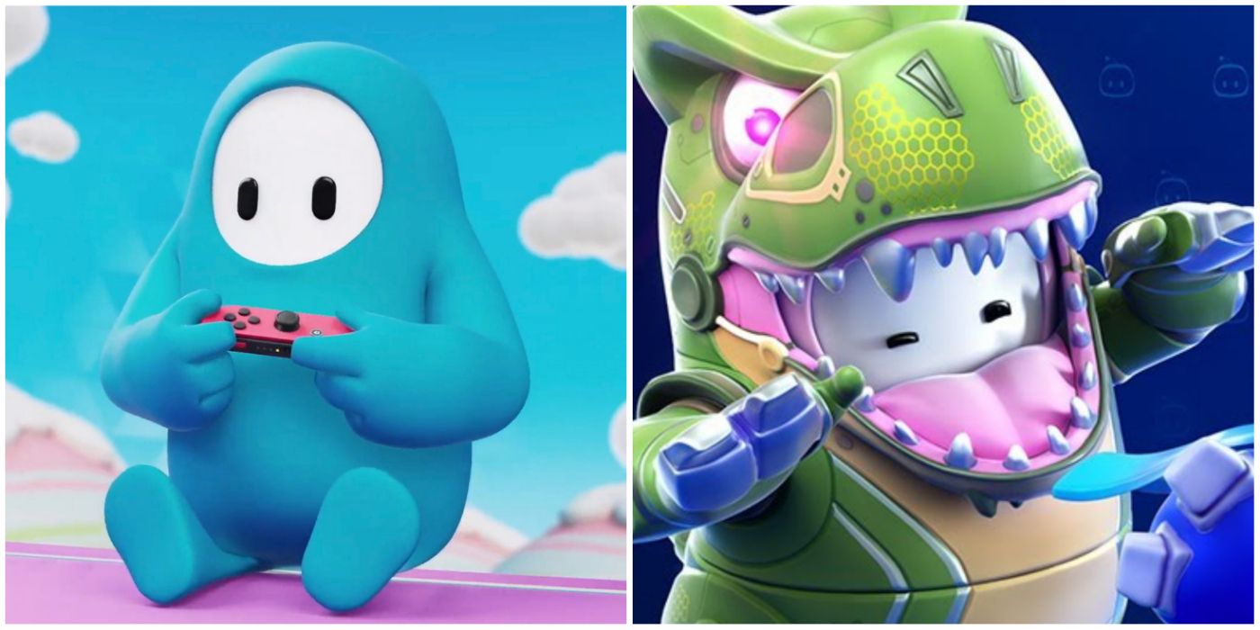 on the left is a fall guys character playing on a switch controller and on the right is a fall guys character in a dinosaur costume