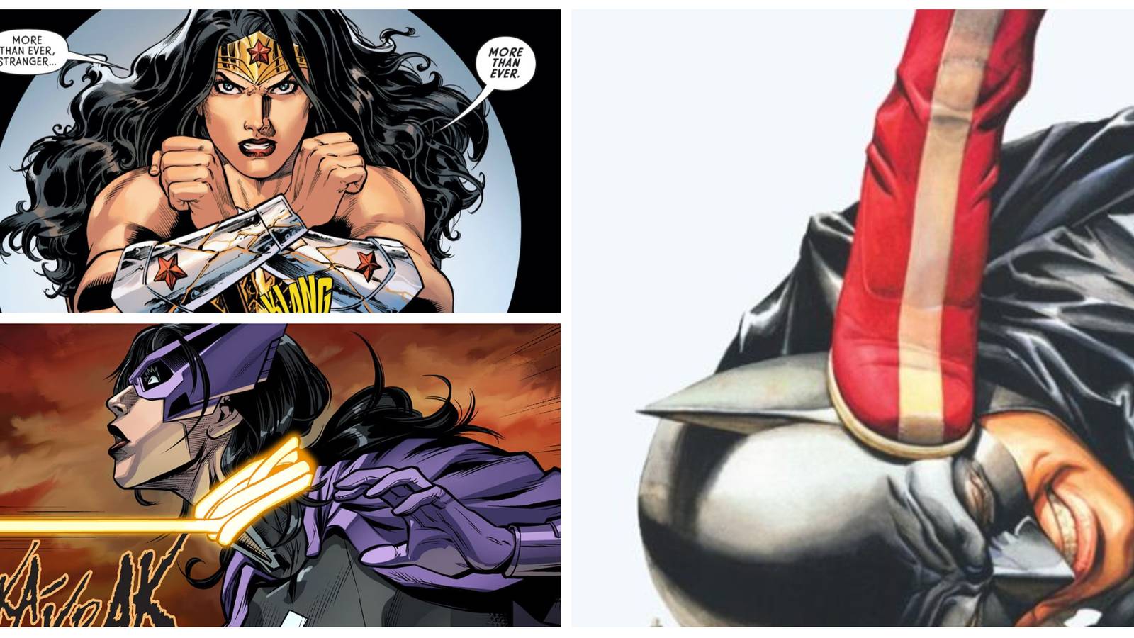 huntress, wonder woman and batman in a photo collage