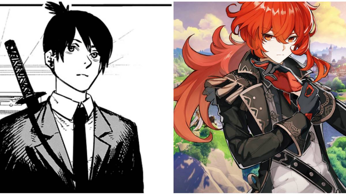 on the left is aki hayakawa from chainsaw man and on the right is diluc from the game genshin impact