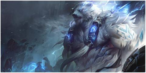 Volibear Summoning Lightning In The Freljord  in his League of Legends splash art