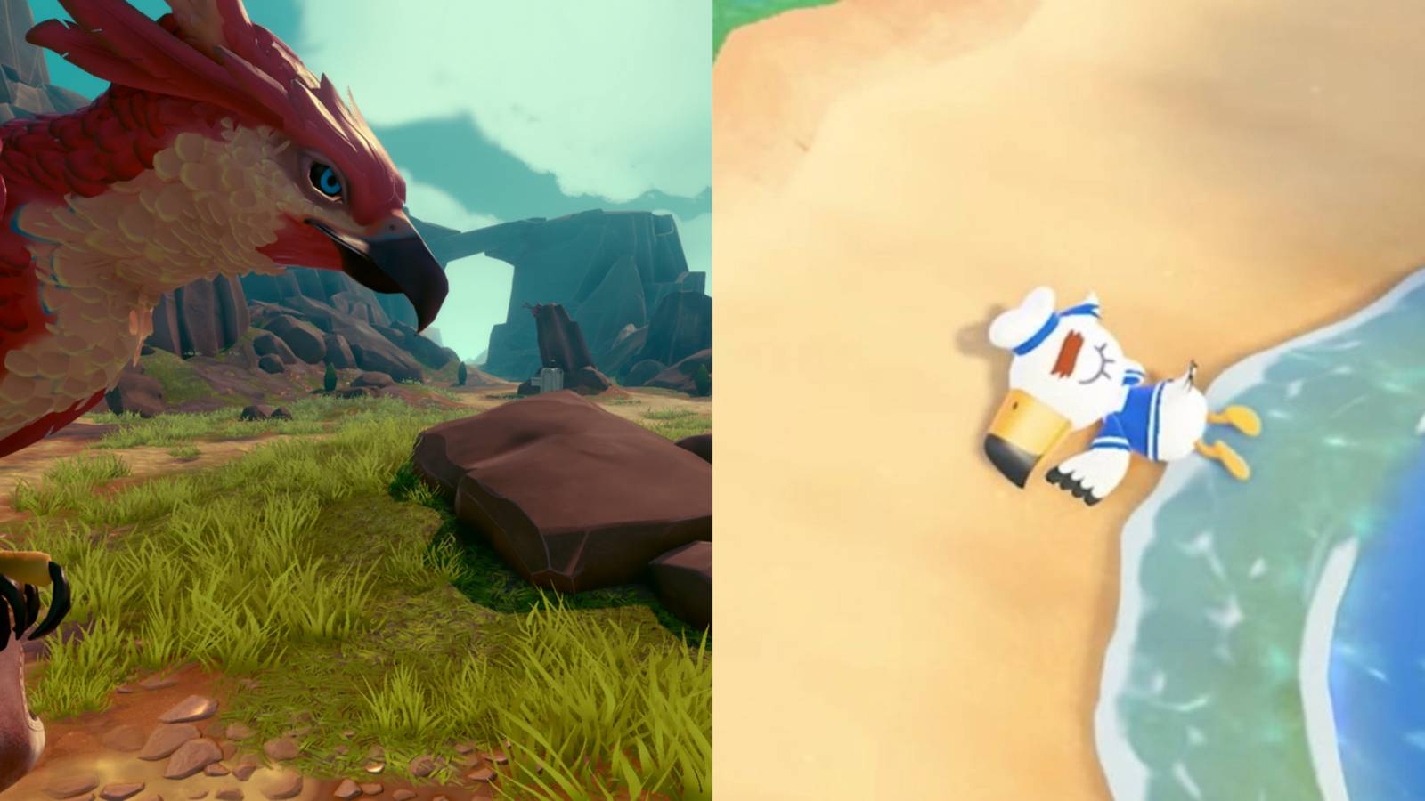 Screenshot of falcon in Falcon Age and Gulliver in Animal Crossing: New Horizons