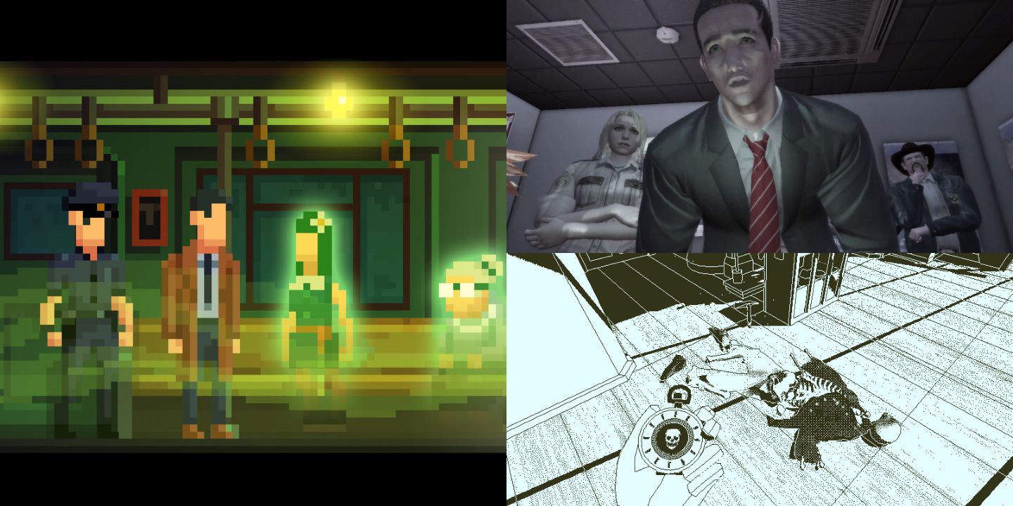 collage of images from deadly premonition, the darkside detective and return of the obra dinn