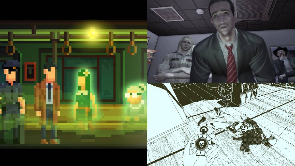 collage of images from deadly premonition, the darkside detective and return of the obra dinn