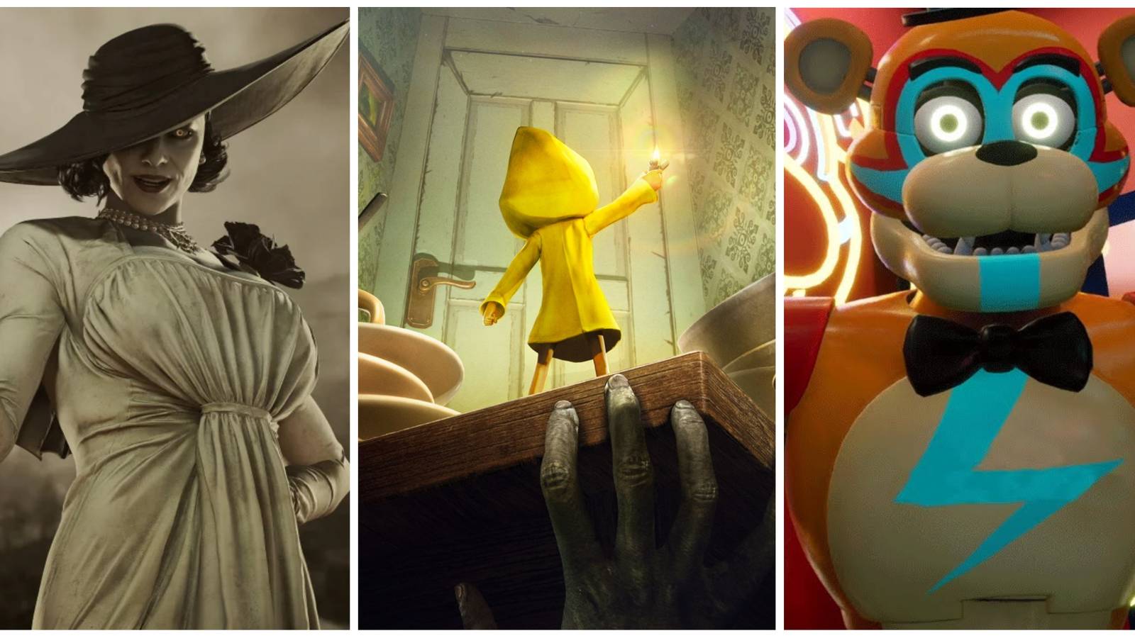 10 Horror Games That Have Awesome World Building Lady Dimitrescu Six Freddy Fazbear