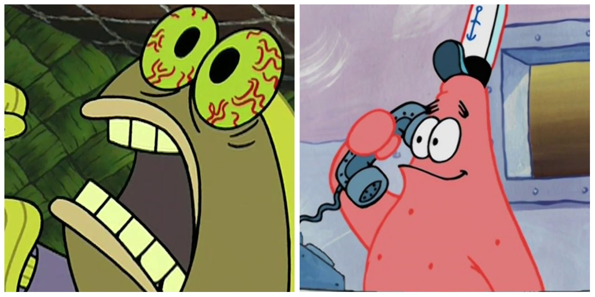 Left: Screaming Chocolate Guy. Right: Patrick answering phone at the Krusty Krab. Image sources: Encyclopedia SpongeBobia and YouTube.