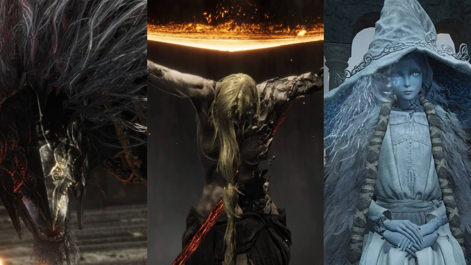 Split image of Maliketh, Marika, and Ranni.