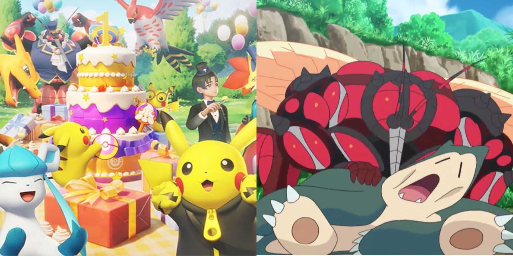 Split image of Pokemon Unite anniversary and Buzzwole attacking a Snorlax.