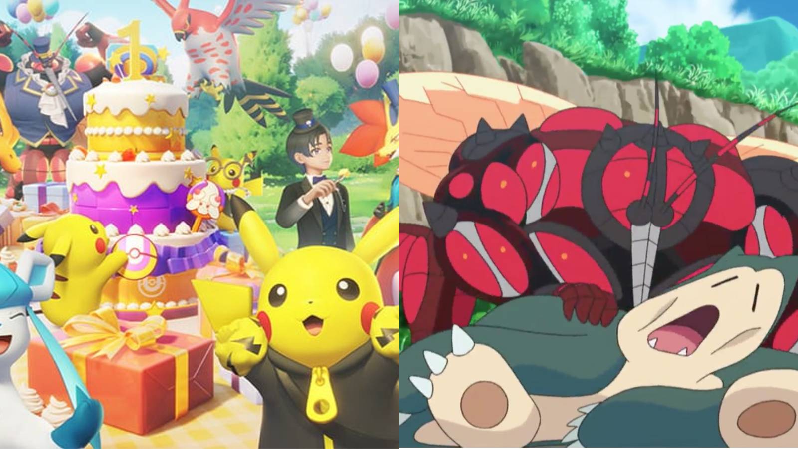 Split image of Pokemon Unite anniversary and Buzzwole attacking a Snorlax.