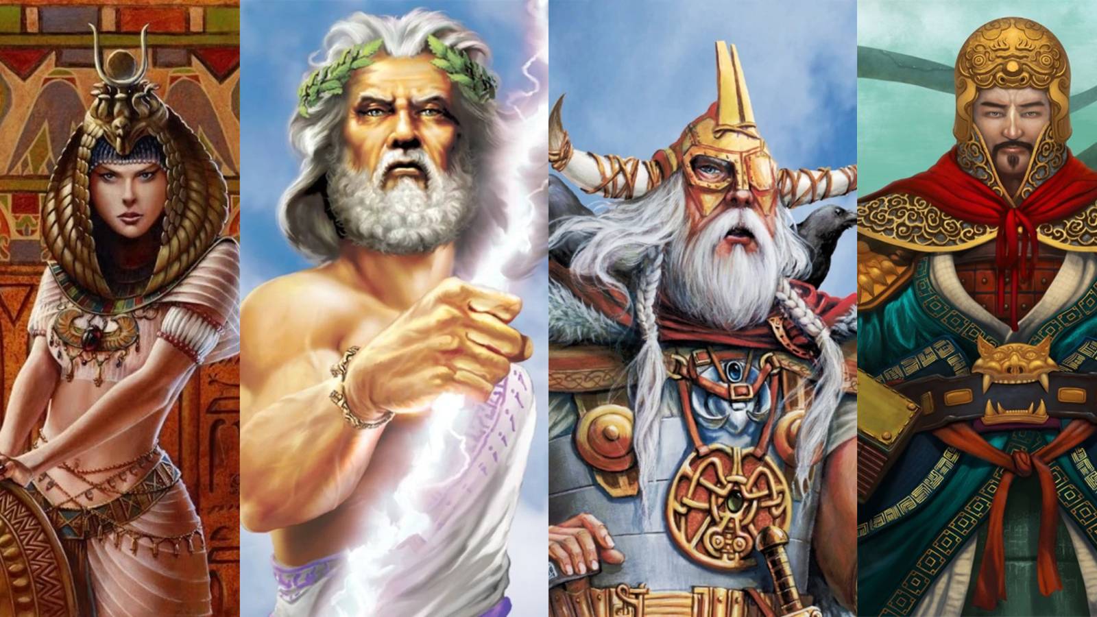 Egyptain God Isis, Greek God Zeus, Norse God Odin and Chinese God Fu Xi