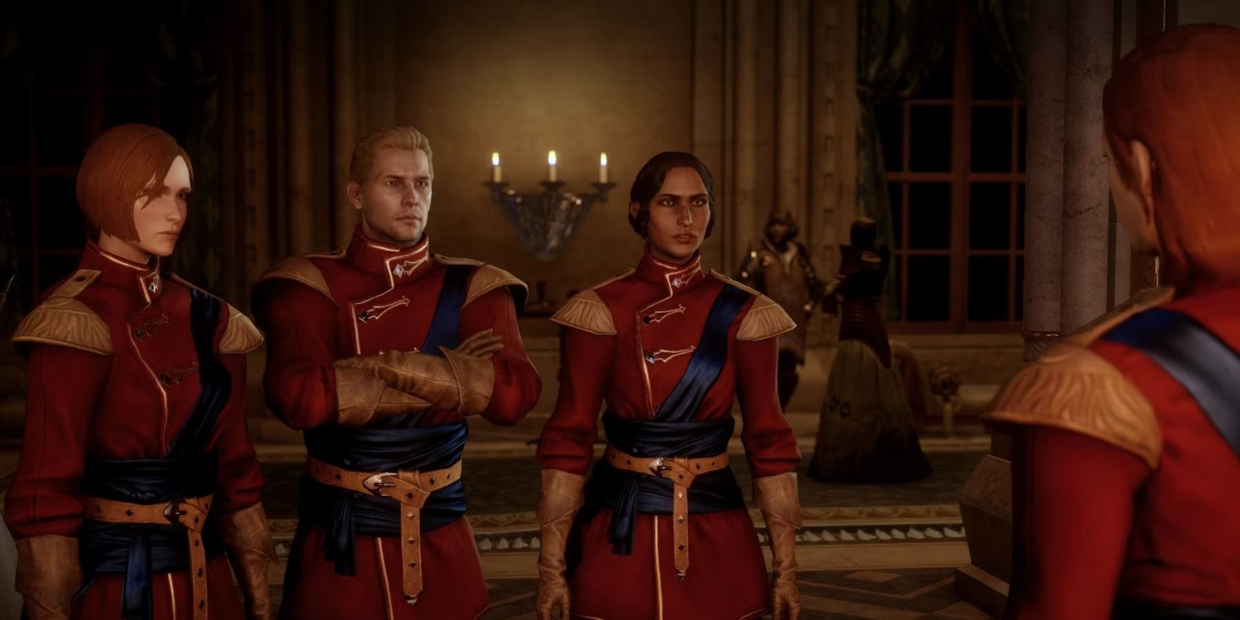 Leliana, Cullen, and Josephine at the Winter Palace.