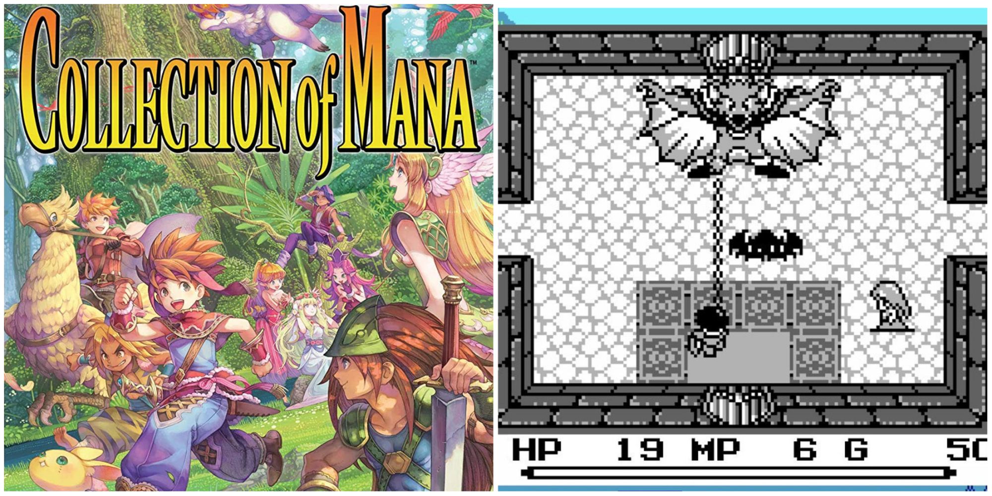 split image of Collection of Mana box art Final Fantasy Adventure gameplay Switch