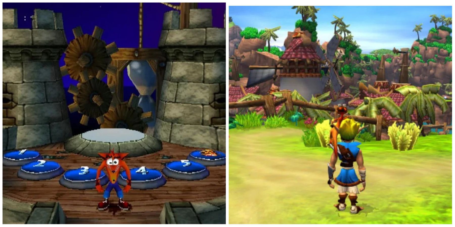 (Left) Crash Bandicoot in warp room (Right) Jak in first section of first game