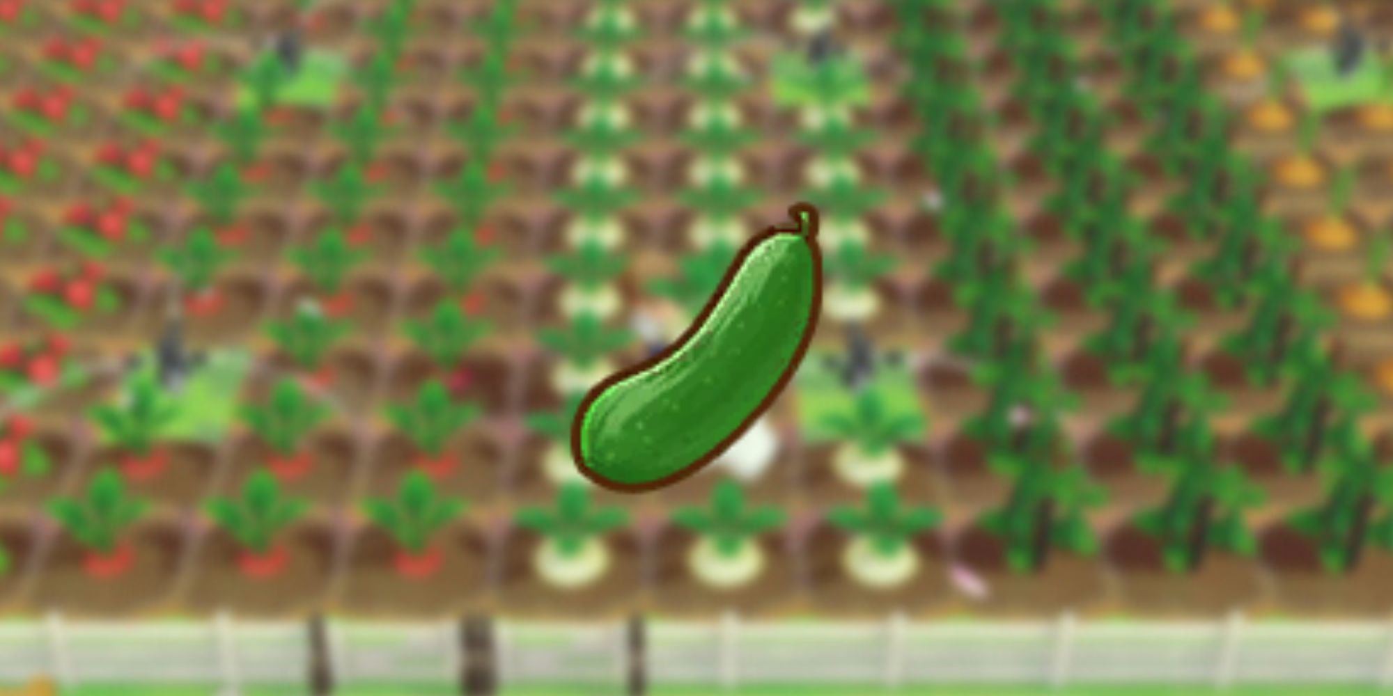 Cucumber icon as it would be seen in players inventory over blurred background of crops in game