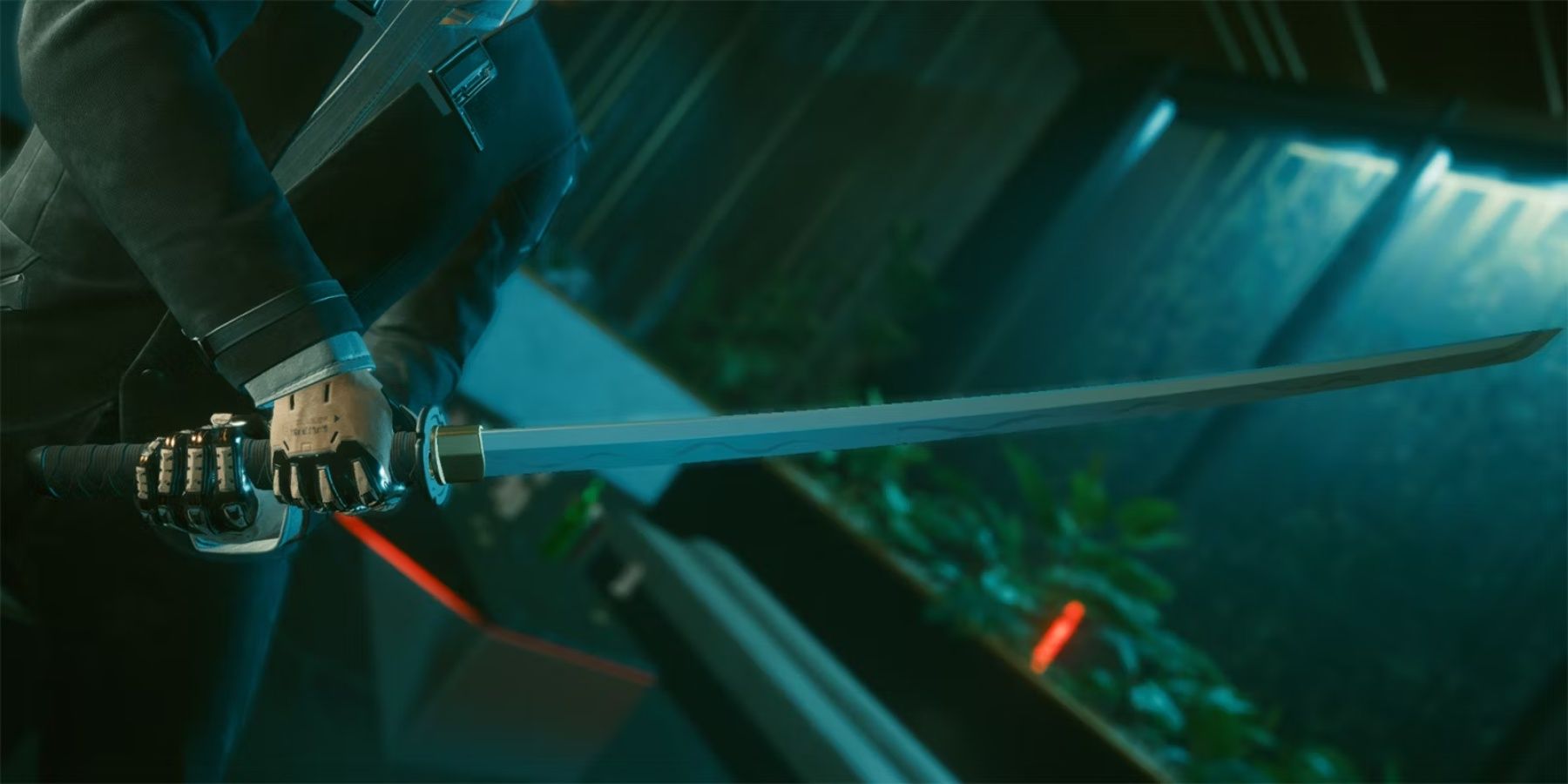 Character holding a sword in Cyberpunk 2077