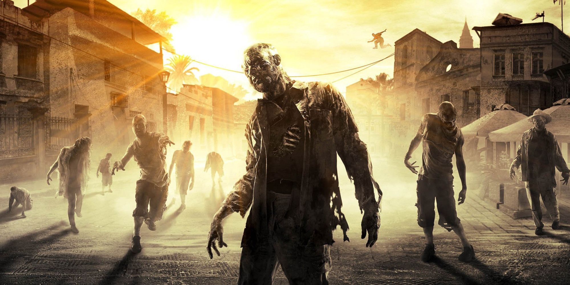 A group of zombies stand menacingly on a city street