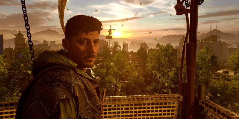 A man looks worringly at the player atop a tall building