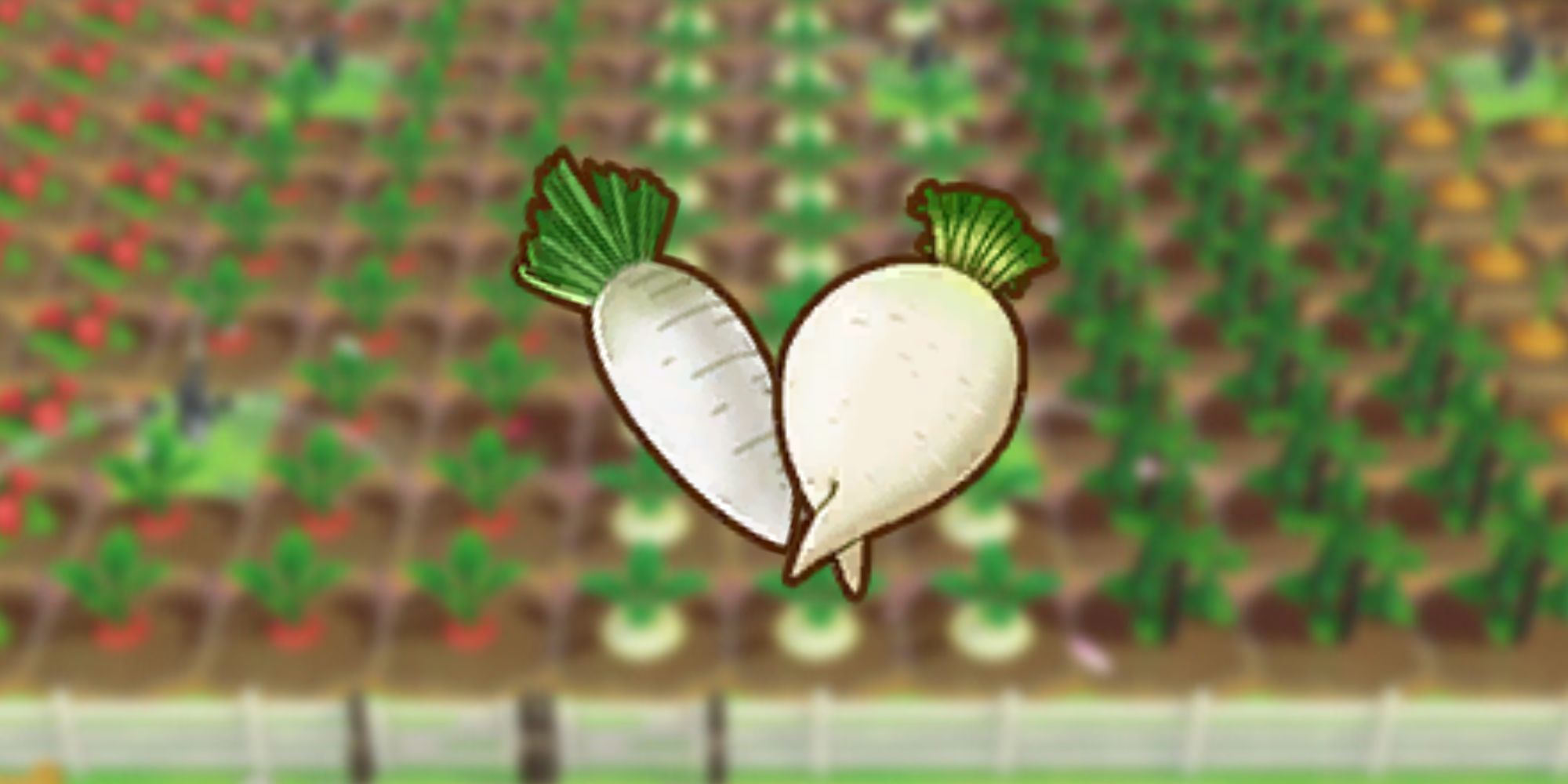 Daikon Radish and Fork-Root Daikon icon as it would be seen in players inventory over blurred background of crops in game