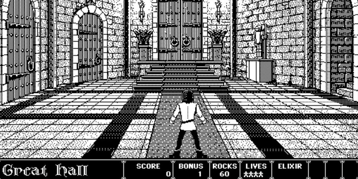 Player standing in the great hall of a castle in Dark Castle