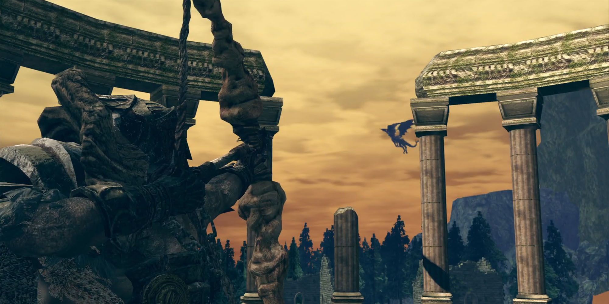 Dark Souls Remastered — Соколиный Глаз Гоф целится из лука, чтобы сбить Каламита