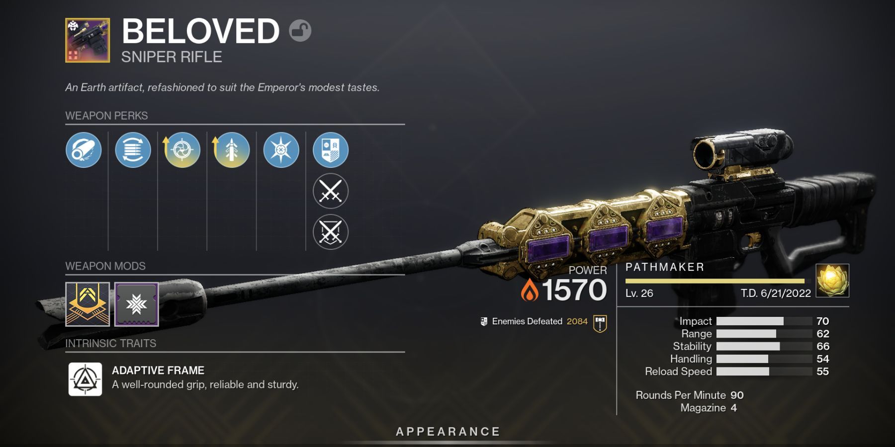 Destiny 2 Beloved Sniper Rifle Crafted