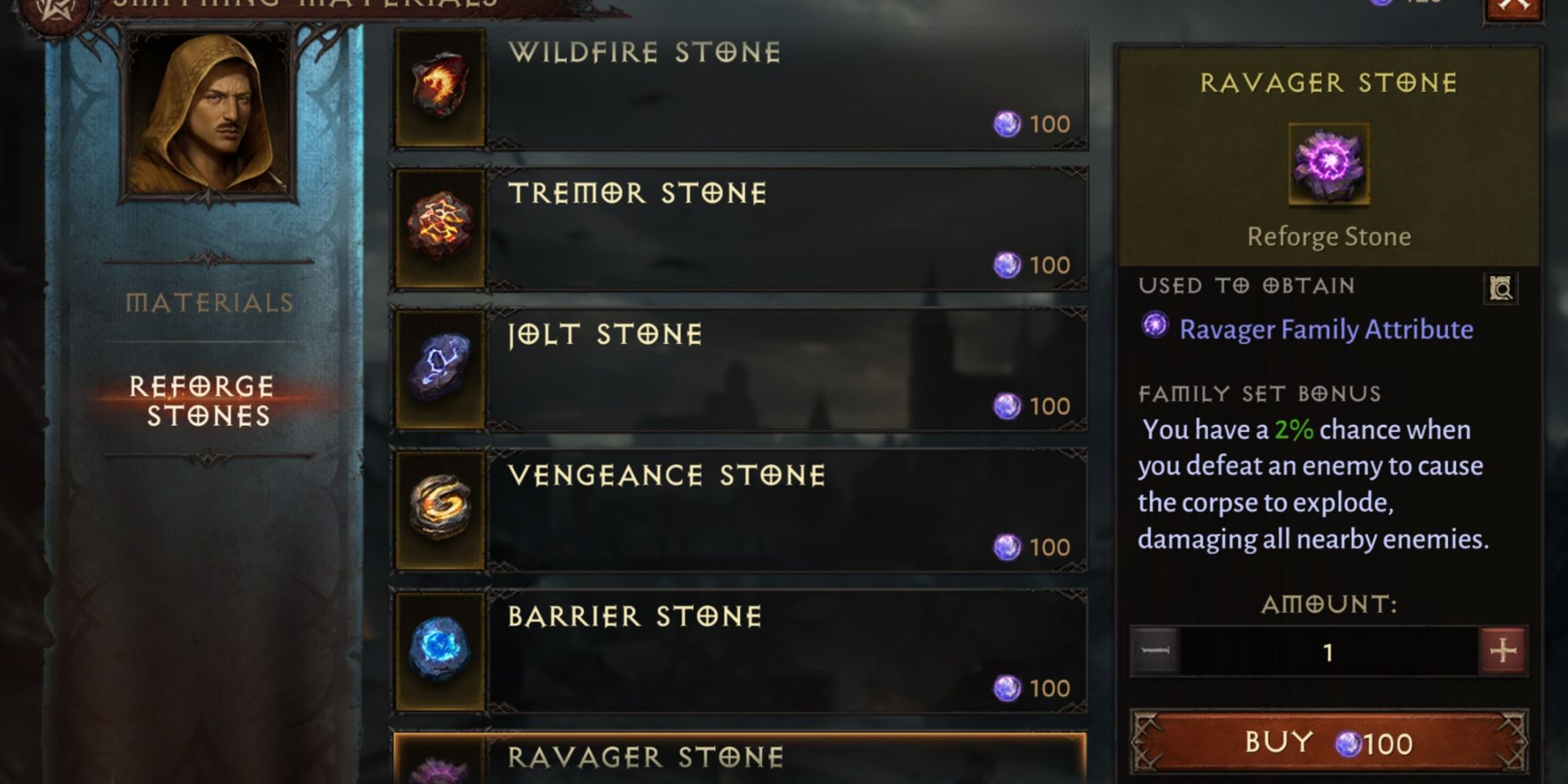 Diablo Immortal looking At Reforge Stones From The Vendor
