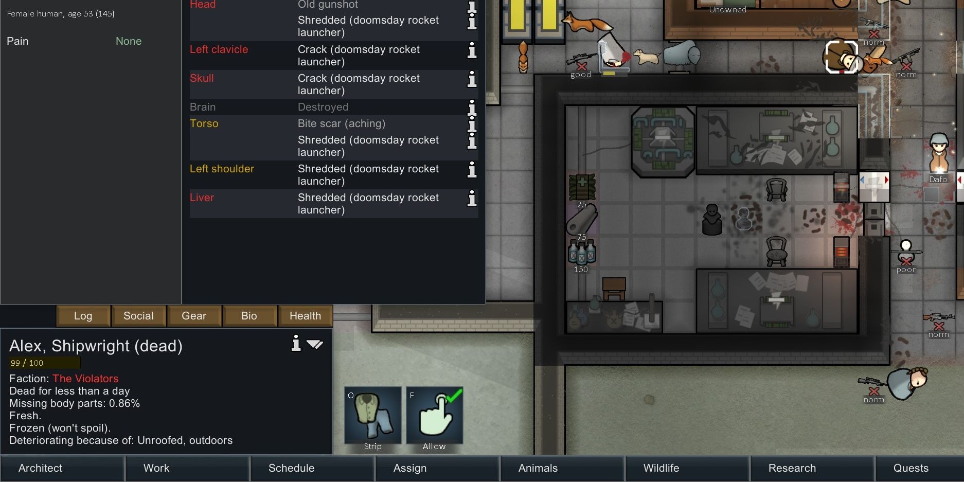 A raider who died from the Doomsday Rocket Launcher and the aftermath of killing a bunch of the colonists also in RimWorld