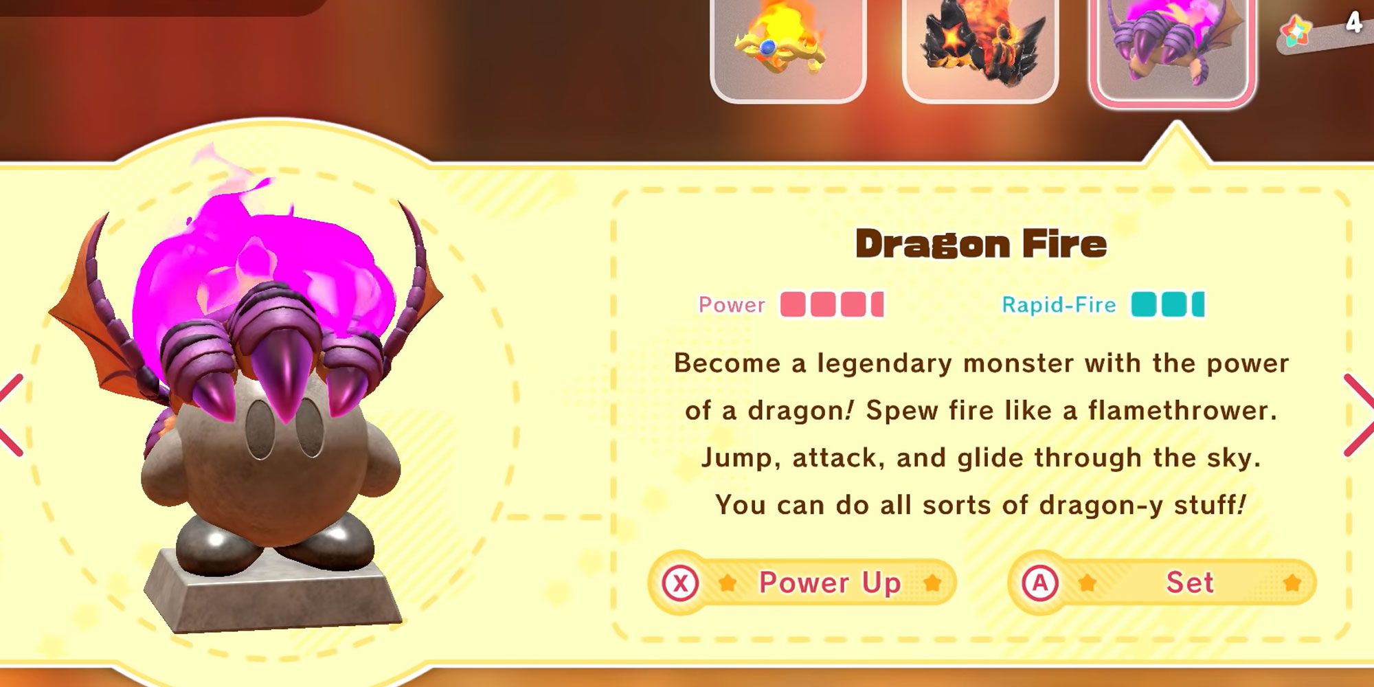 Dragon Fire upgrade for the Fire ability in Kirby and the Forgotten Land