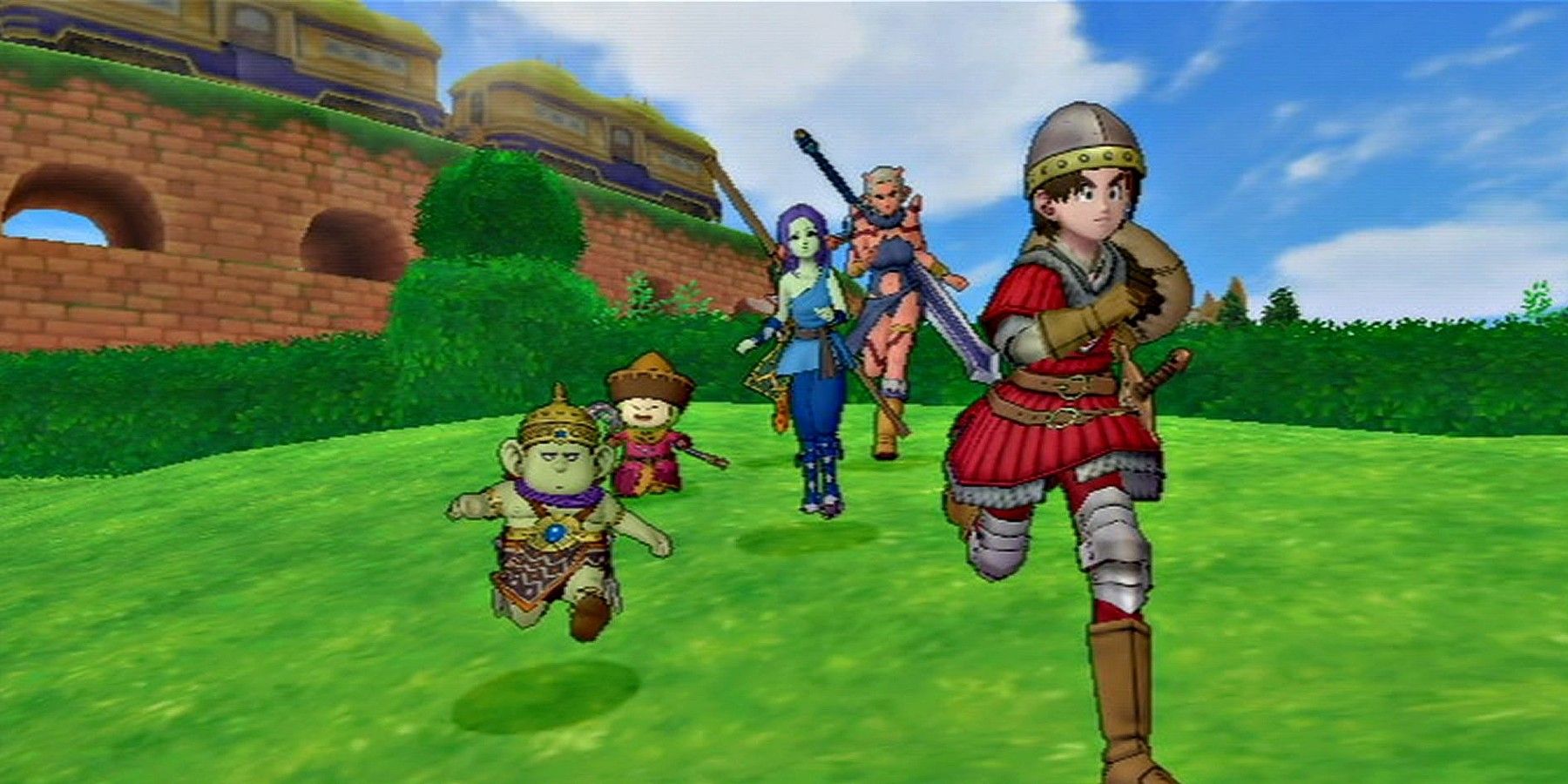 Heroes running from city walls into green field in Dragon Quest 10 Wii