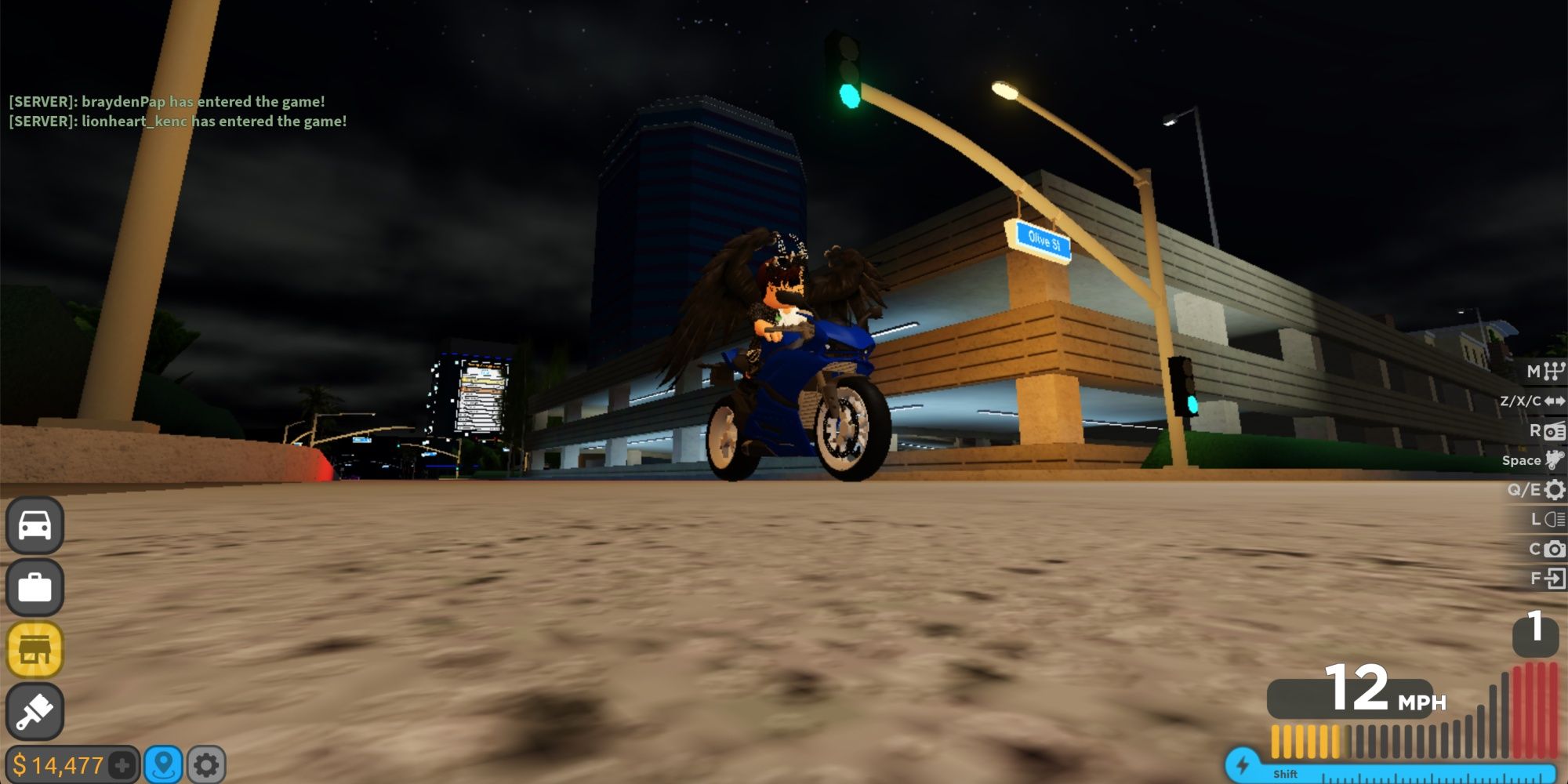 A roblox player on a motorcycle in Driving Empire