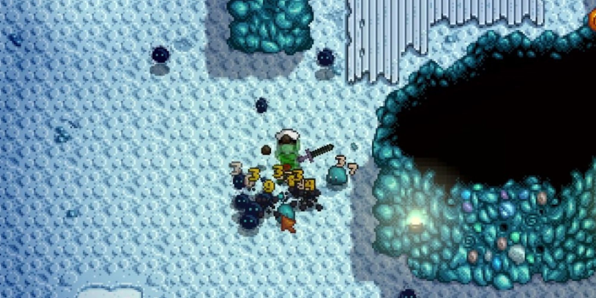 Dust Sprites Swarming the player in the frozen floors of the Mines