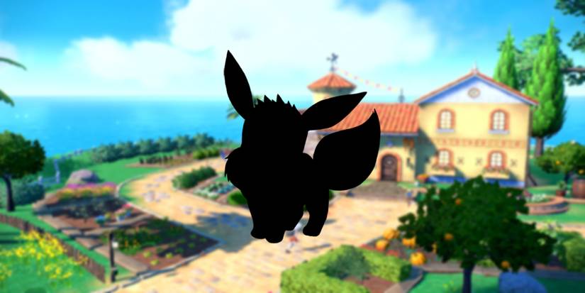 Eevee overlaid on Pokemon Scarlet and Violet background