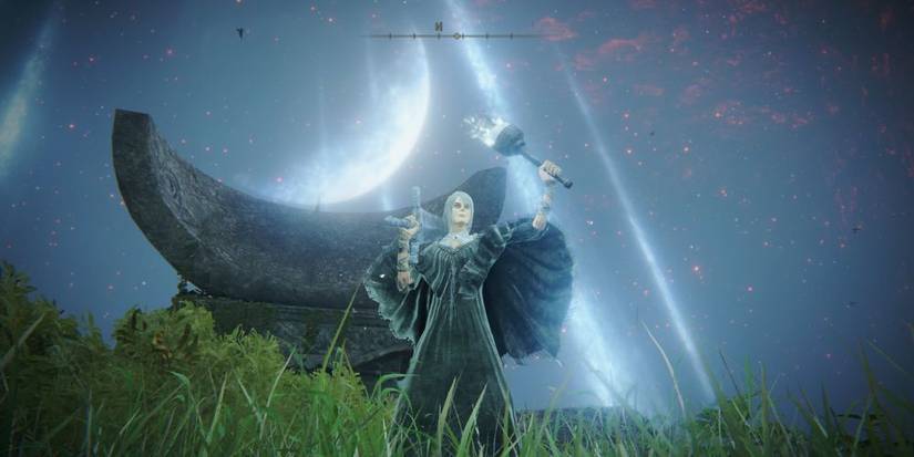 Elden Ring Tarnished with  Darkmoon Greatsword and Ghostflame Torch at Moonlight Altar