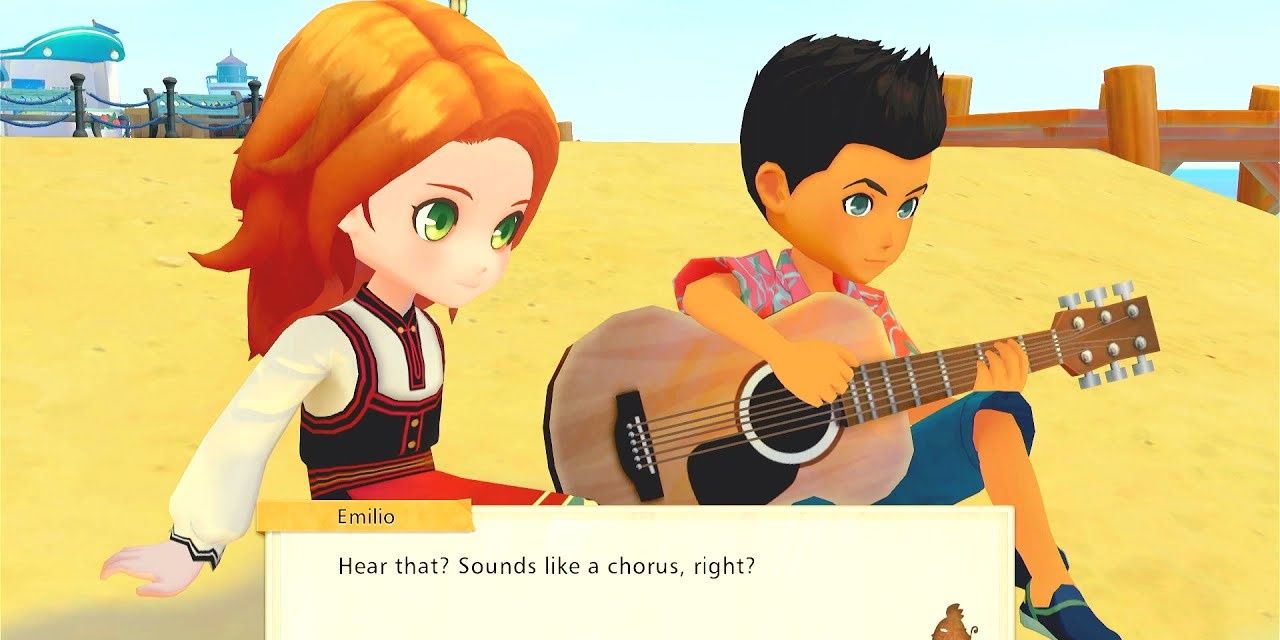 Emilio sitting on the sand playing his guitar with the player in Story of Seasons: Pioneers of Olive Town