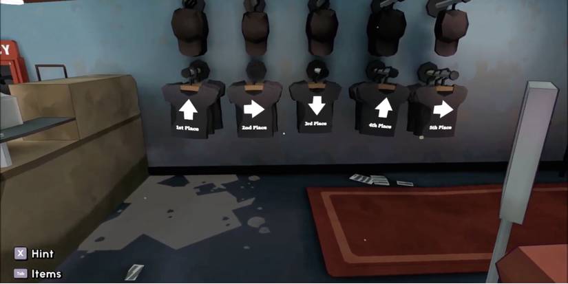 Escape Academy - Prologue - Turn on the TV by reading the t-shirts - Player investigates the t-shirts left on the hanger