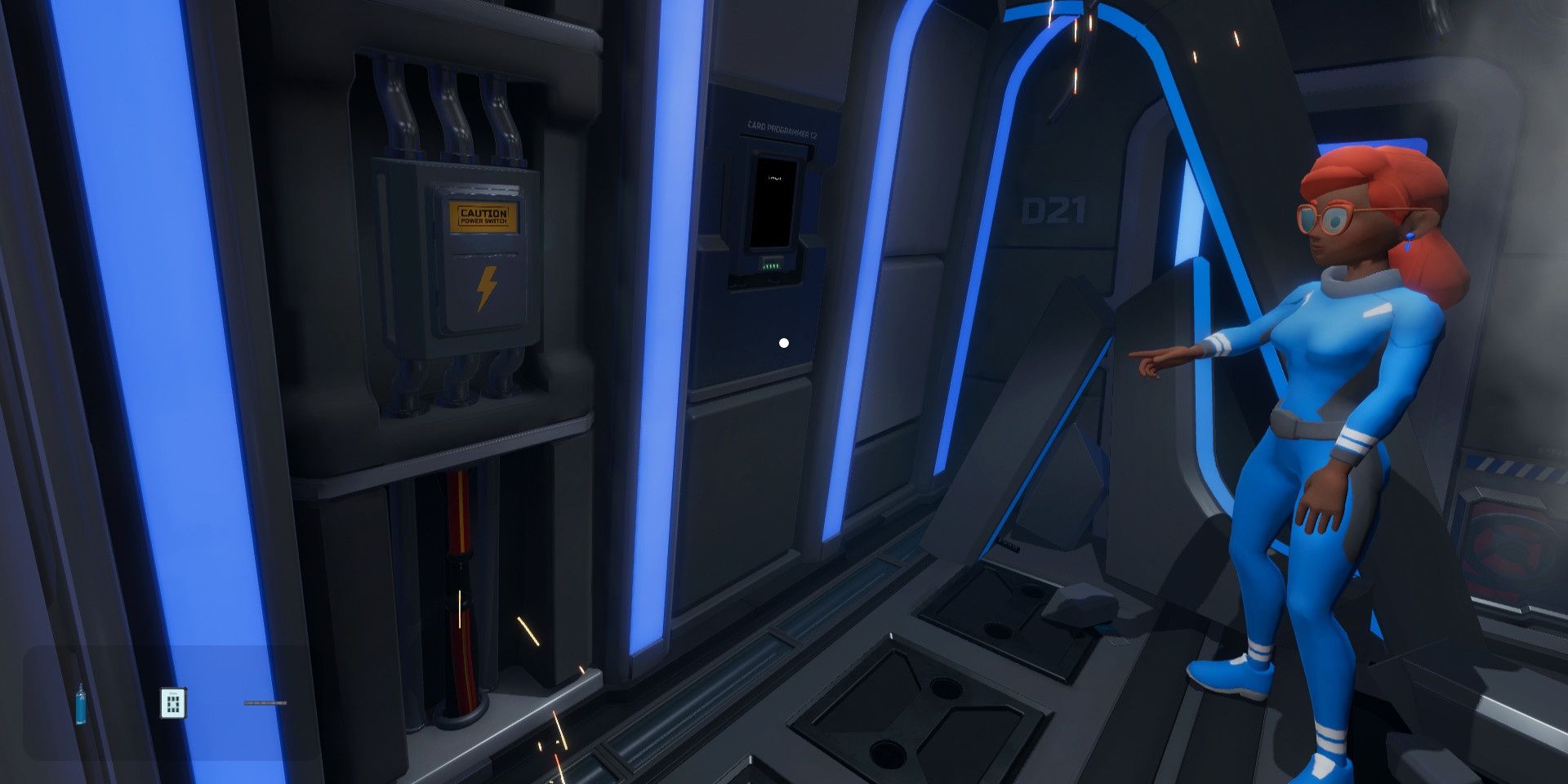 An individual with red hair staring at a power box on a spaceship in Escape Simulator