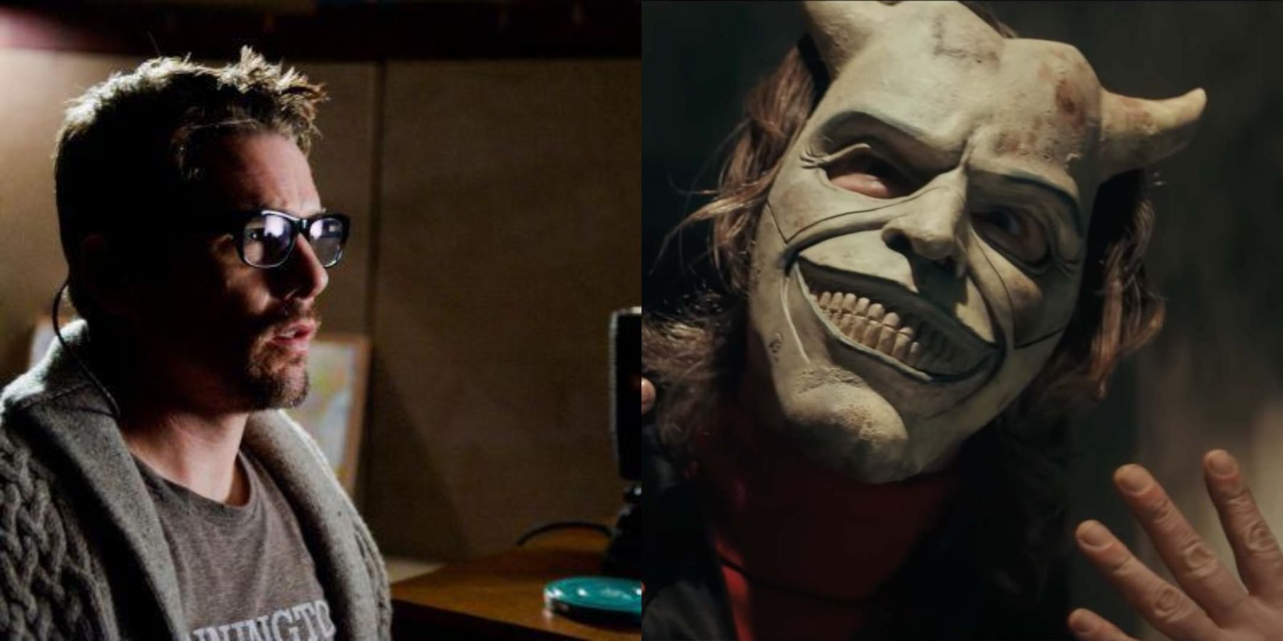 Split image of Ethan Hawke as The Grabber in The Black Phone and Ellison Oswalt in Sinister