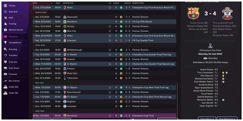 Screenshot of Football Manager 2022 season schedule page showing victory in Champions League Final
