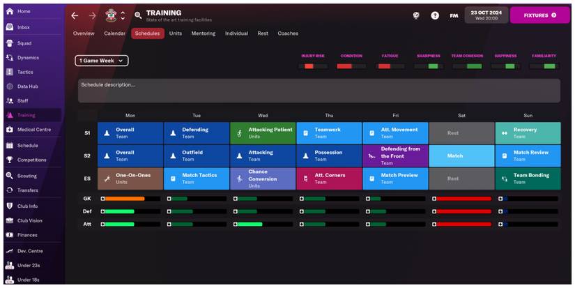 Screenshot of a custom training schedule on Football Manager 2022