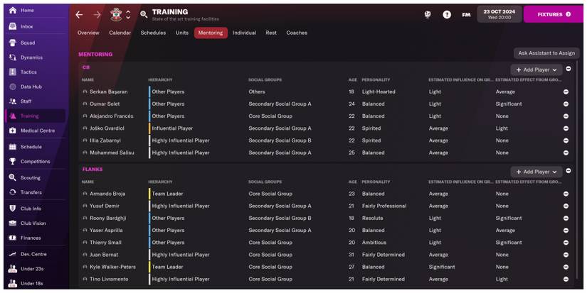 Screenshot of Football Manager 2022 Mentoring Groups Screen