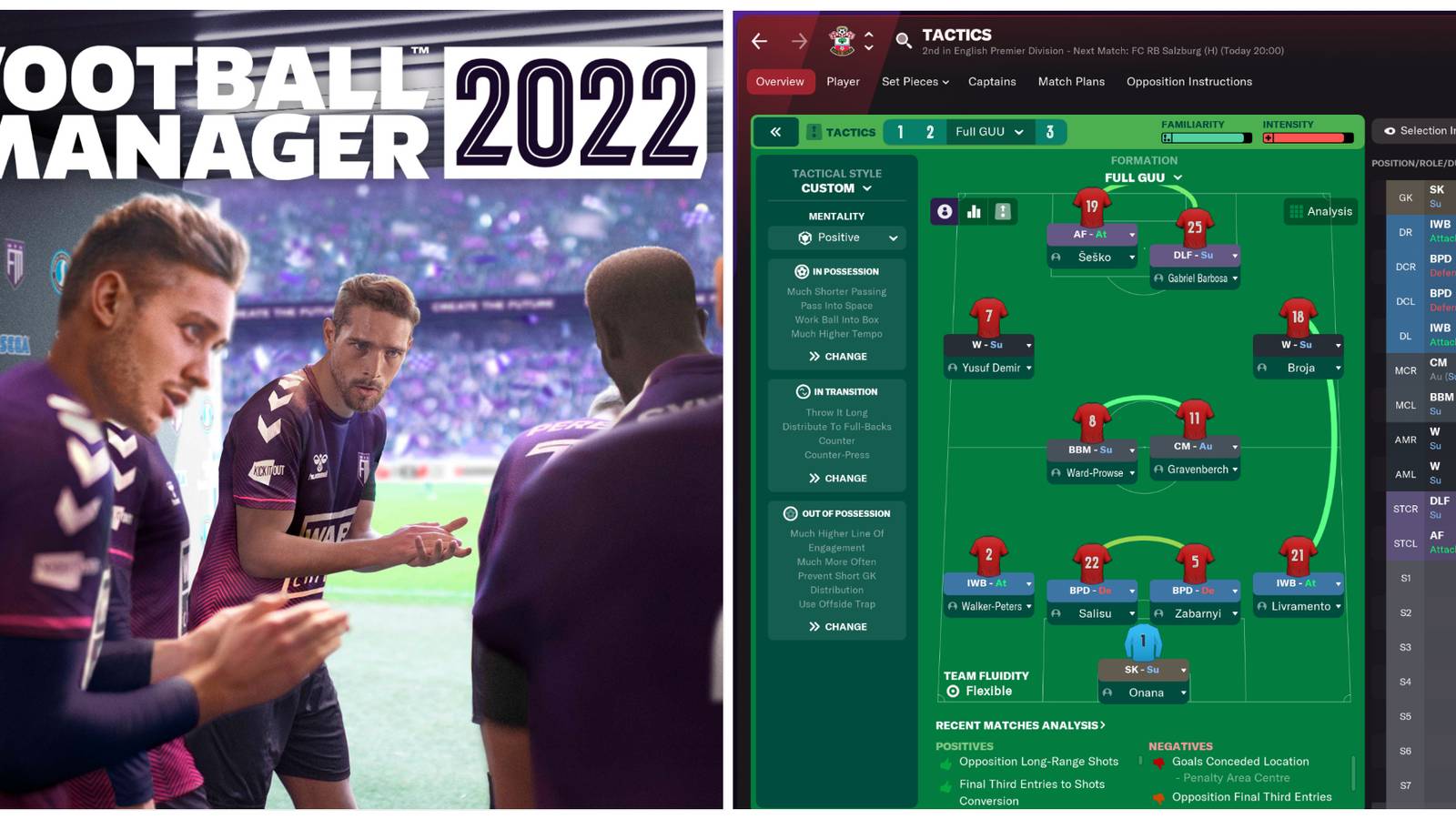 Football Manager 2022: Split image of game cover and tactics screen showing player partnerships