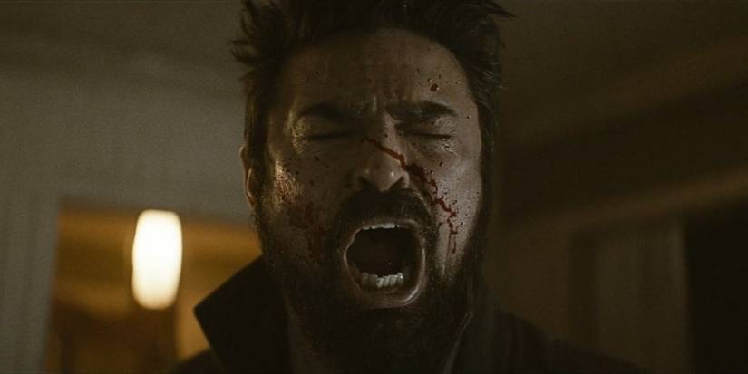 butcher with blood on his face and screaming